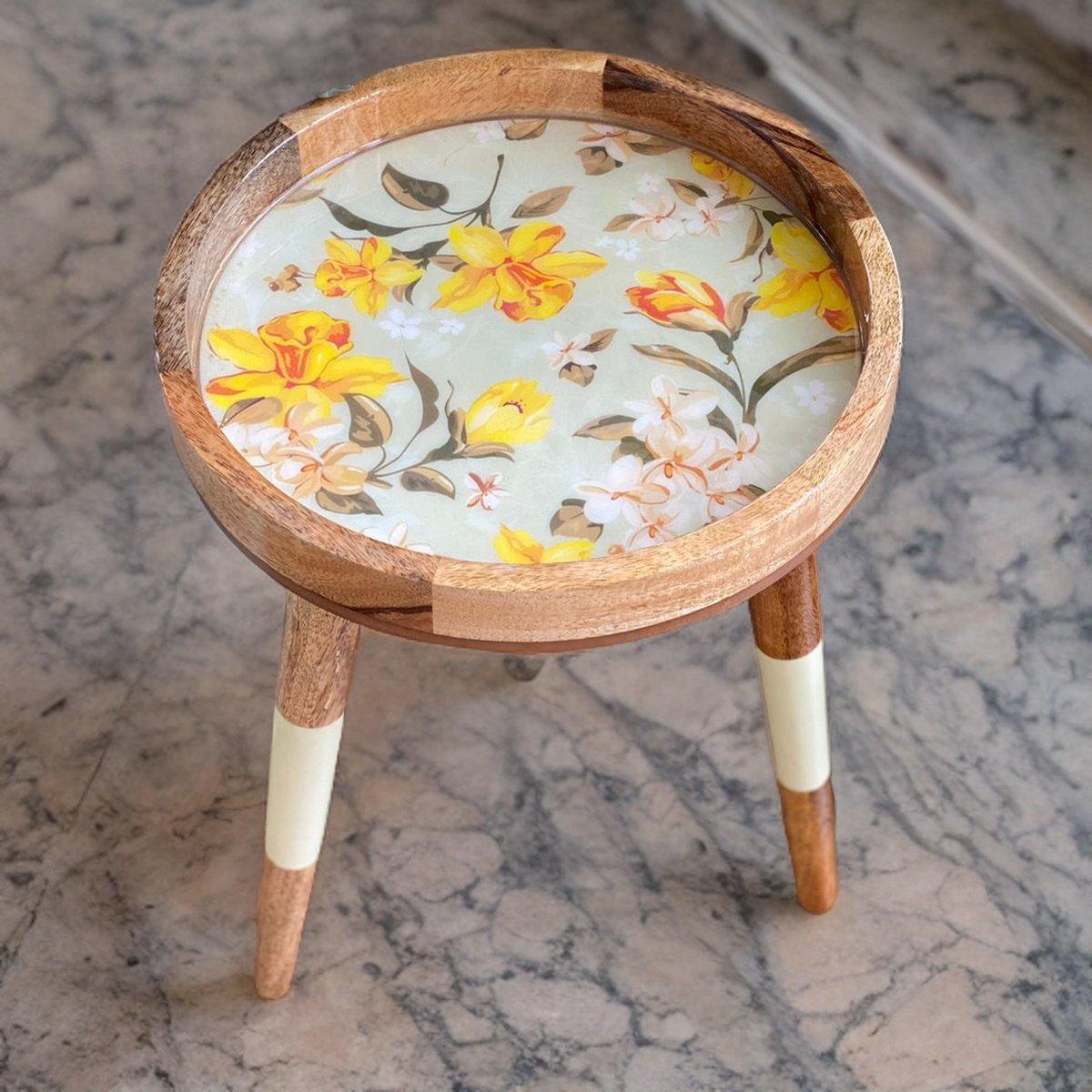 Handmade Side Table Solid Mango Wood Detachable Legs Vintage Bouquet
